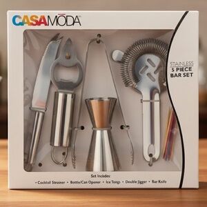 CASA MODA Stainless 5pc Bar Set Jigger Strainer Knife Opener Tongs NIB